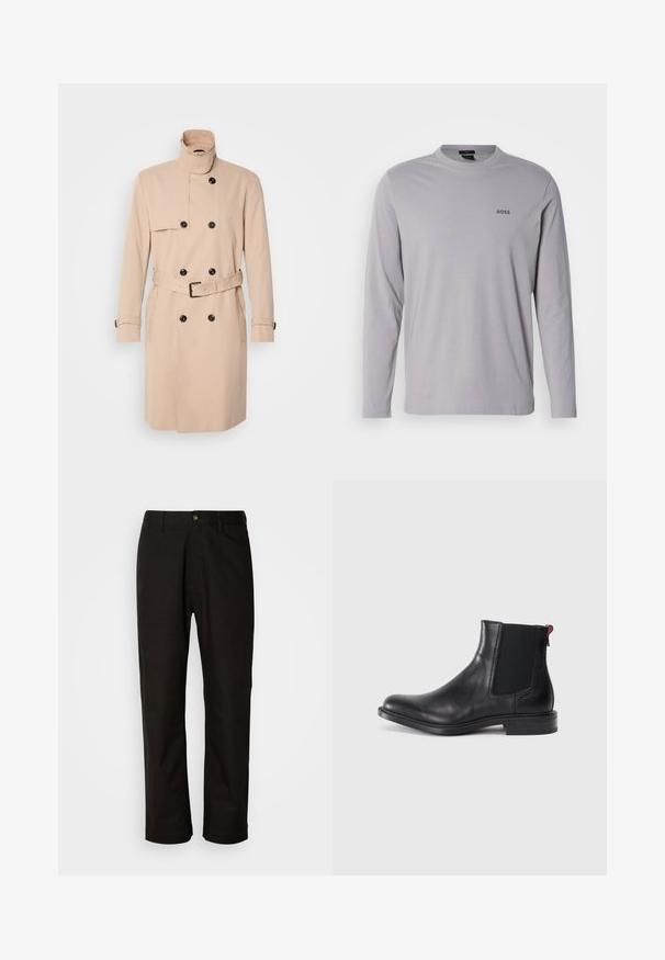 Beige trenchcoat met hoge kraag, dubbele knoopsluiting, zwarte knopen en een ceintuur in de taille. Glad materiaal met lange mouwen.; Lichtgrijs katoenen t-shirt met lange mouwen, voorzien van een ronde hals en een klein zwart "BOSS" logo op de linkerborst.; Zwarte katoenen broek met een rechte snit, riemlussen, een ritssluiting aan de voorkant en een enkele knoopsluiting. Soepele textuur zonder zichtbare patronen.; Zwarte leren Chelsea-boot met elastische zijpanelen, ronde neus en een lage gestapelde hak. Heeft een rode lusstab en subtiele branding aan de zijkant.