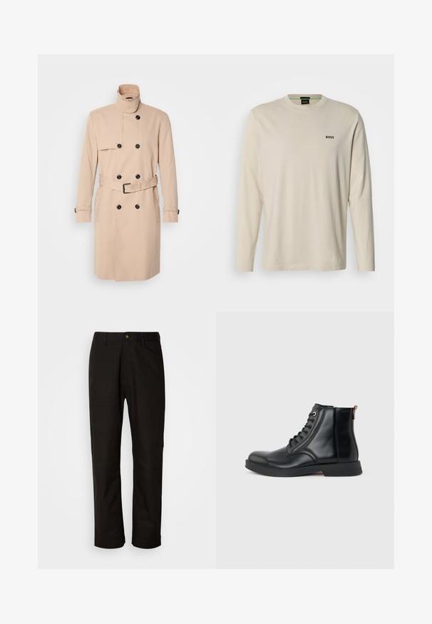 Gabardina beige con cuello alto, diseño de doble botonadura, botones negros y cinturón en la cintura. Tela suave con mangas largas.; Camiseta de manga larga beige hecha de algodón, con cuello redondo y un pequeño logo negro "BOSS" en el lado izquierdo del pecho. Textura suave.; Pantalones de algodón negros con corte recto, presillas para el cinturón, cremallera frontal y un solo botón de cierre. Textura suave sin patrones visibles.; Bota de tobillo de cuero negro con cordones en la parte delantera, puntera redondeada, suela plana y lengüeta en la parte trasera sobre un fondo liso gris claro.