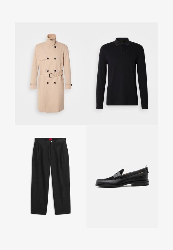 Beige trenchcoat met hoge kraag, dubbele knoopsluiting, zwarte knopen en een ceintuur in de taille. Glad materiaal met lange mouwen.; Zwarte langslavige polo shirt van gladde stof. Heeft een kraag, een placket met drie knopen en een subtiele logo op de borst.; Zwarte hoge taille broek met plooien aan de voorkant, ceintuurlussen, een knoop- en ritsluiting, en een rood label aan de binnenkant van de tailleband.; Zwarte leren loafer met grijs riemdetailelement, lage hak en gestructureerde zool, aan de zijkant gebrandmerkt met "HUGO" in goud.