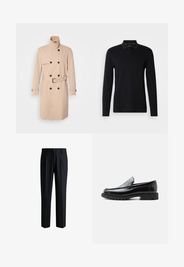 Beige trenchcoat med høj krave, dobbeltkrøs design, sorte knapper og bælte i taljen. Glat stof med lange ærmer.; Sort langærmet polo skjorte lavet af glat stof. Har en krave, tre-knaps lukning og et diskret logo på brystet.; Sorte bukser lavet af glat stof, med lige ben-design, plisseringer foran og knaplukning med bæltestropper.; Sort læderloafer med chunky gummisål, syet overdel og præget mærkenavn på hælen, vist i sideprofil på hvid baggrund.