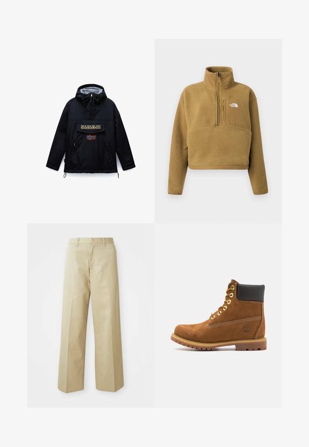 Sort hættejakke fra Napapijri med lynlås foran, en stor lommeklap med mærket navn og et norsk flag mærke nedenunder.; Tan fleece pullover med halv lynlås i kraven, frontlomme og elastisk kant; har en blød, struktureret overflade og en hvid logoaccent.; Beige vide bukser lavet af bomuld med en glat tekstur. Har en lige pasform, bæltestropper og skrå lommer.; Brun ruskinds ankelstøvle med sort polstret krave, gyldne øjer, snørebånd foran og gummisål med et struktureret mønster.