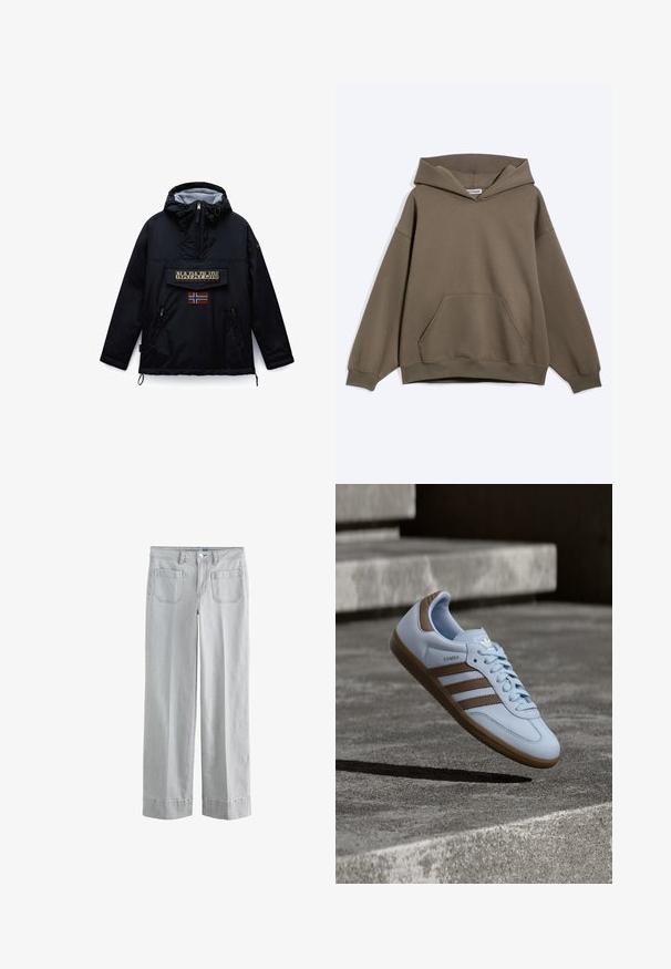 Sort hættejakke fra Napapijri med lynlås foran, en stor lommeklap med mærket navn og et norsk flag mærke nedenunder.; Brun oversized hættetrøje med foran kængurulomme og ribstrikkede ærmeafslutninger, vist på en ensartet lys baggrund.; Lysegrå bukser med brede ben, forlommer, bæltestropper og opsmøgede kanter, lagt fladt på en hvid baggrund.; Lyseblå sneakers med brune ruskindsdetaljer, tre laterale striber, flade snørebånd og en tekstureret gummisål. Mærkelogo på tungen.