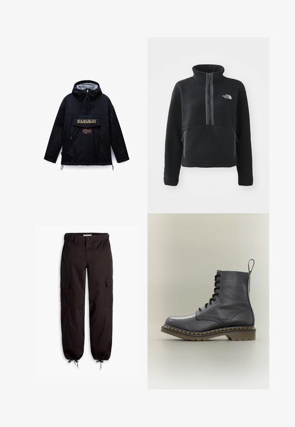Veste noire à capuche Napapijri avec fermeture éclair frontale, une grande poche à rabat affichant le nom de la marque, et un patch drapeau norvégien en dessous.; Polaire noire à col montant, fermeture éclair au quart, poche avant et coutures contrastantes. Dispose du logo The North Face sur la poitrine.; Pantalons cargo noirs en tissu durable, dotés de plusieurs poches latérales, d'un cordon de serrage réglable aux poignets et d'une fermeture à bouton.; Botte de combat en cuir noir avec 8 œillets, semelle en caoutchouc, couture jaune et une languette à l'arrière. Présente une tige texturée.