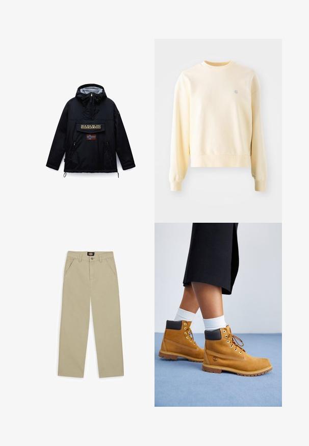 Sort hættejakke fra Napapijri med lynlås foran, en stor lommeklap med mærket navn og et norsk flag mærke nedenunder.; Lys gul sweatshirt med lange ærmer, rund halsudskæring, ribbede manchetter og et lille logo på brystet. Fremstillet af blødt, struktureret stof.; Beige bomuld bukser med lige ben, der har forlommer og knaplukning. Glat tekstur med synlige syninger.; Tan ruskindsankelstøvler med brune læderdetaljer, guldøjer og en struktureret sål. Hvide sokker synlige over støvlerne.