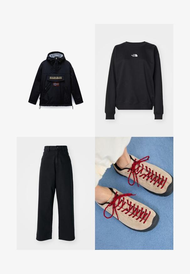 Sort hættejakke fra Napapijri med lynlås foran, en stor lommeklap med mærket navn og et norsk flag mærke nedenunder.; Sort sweatshirt fremstillet af bomuldsblanding, med rund halsudskæring, lange ærmer, ribbede manchetter og et lille hvidt logo på brystet.; Sorte højtaljede vid ben jeans med frontlommer og knaplukning, præsenteret mod en plain hvid baggrund.; Beige sko med røde snørebånd, placeret på en blå tekstureret overflade, delvist synliggørende en persons ankel. Skoene har et sporty design.