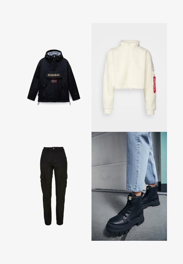 Zwarte Napapijri-jas met capuchon en rits aan de voorkant, een grote klepzak met merknaam en een patch van de Noorse vlag eronder.; Witte cropped fleece pullover met een hoge kraag, halve rits aan de voorkant, trekkoord onderaan en een rode tag op de linkermouw. Zachte textuur.; Zwarte cargobroek met hoge taille, zijflapzakken, voorzakken, riemlussen, knoopsluiting en elastische boorden.; Persoon die lichte blauwe spijkerbroek en zwarte stevige veterschoenen draagt, staande op een betonnen vloer dicht bij een muur.