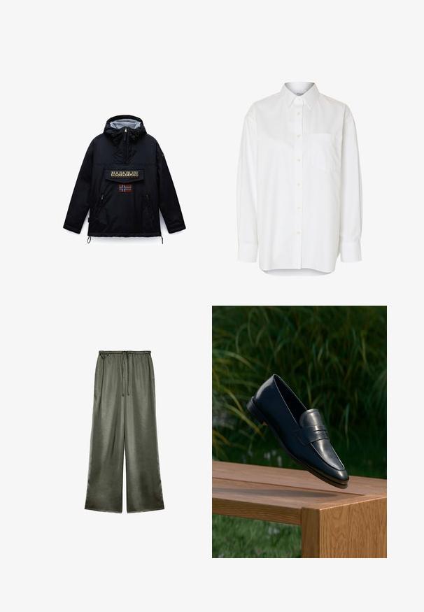 Veste noire à capuche Napapijri avec fermeture éclair frontale, une grande poche à rabat affichant le nom de la marque, et un patch drapeau norvégien en dessous.; Chemise blanche à manches longues boutonnée avec col pointu et poche poitrine, présentée sur un fond uni.; Marks & Spencer Pantalon classique - dark olive; Mocassin en cuir noir équilibré sur le bord d’un banc en bois à l’extérieur avec un fond de feuillage vert.