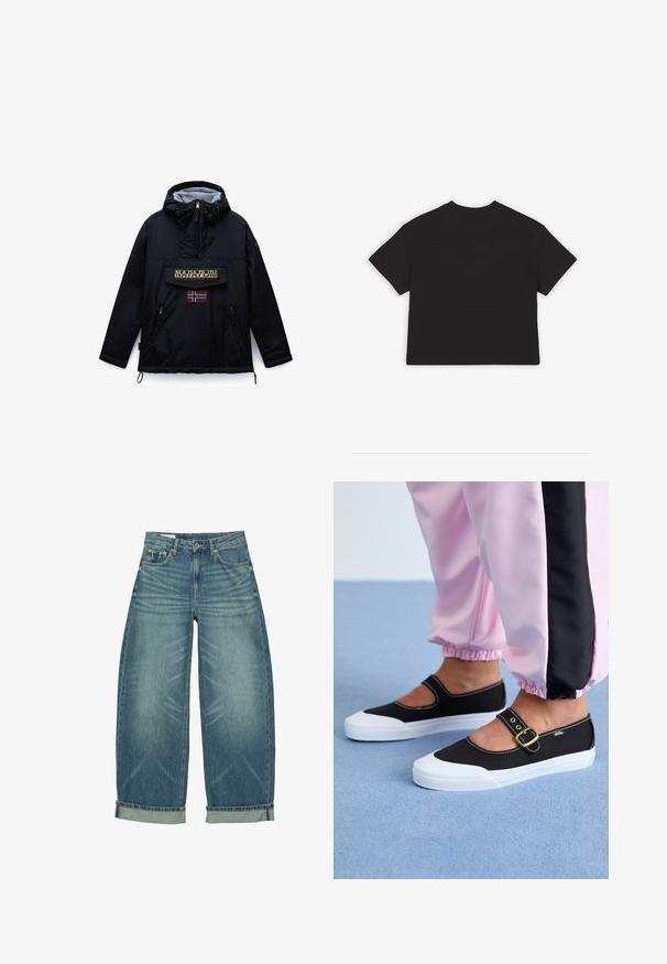 Veste noire à capuche Napapijri avec fermeture éclair frontale, une grande poche à rabat affichant le nom de la marque, et un patch drapeau norvégien en dessous.; T-shirt noir cropped, manches courtes, col rond classique, fabriqué en tissu de coton doux, design uni sans motifs ni accents.; Jean denim bleu à jambes larges avec revers roulés, fermeture devant par bouton et zip, et design classique à cinq poches.; Baskets noires en toile avec une semelle blanche, présentant un design découpé et une sangle en boucle dorée. Portées avec un pantalon de survêtement rose.