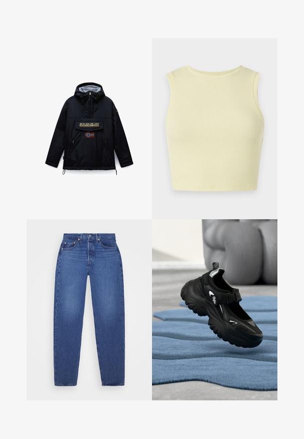 Sort hættejakke fra Napapijri med lynlås foran, en stor lommeklap med mærket navn og et norsk flag mærke nedenunder.; Lysegul ribbet crop top med rund halsudskæring, uden ærmer og med et tætsiddende design. Glat tekstur med et åndbart strikket stof.; Blå denim jeans med lige ben, fem lommer, kobbernitter og en falmet tekstur. Klassisk talje med lynlåslukning.; Sort chunky sneaker med tyk sål og velcrolukning på blåt tekstureret tæppe, sløret baggrund med en siddende person.
