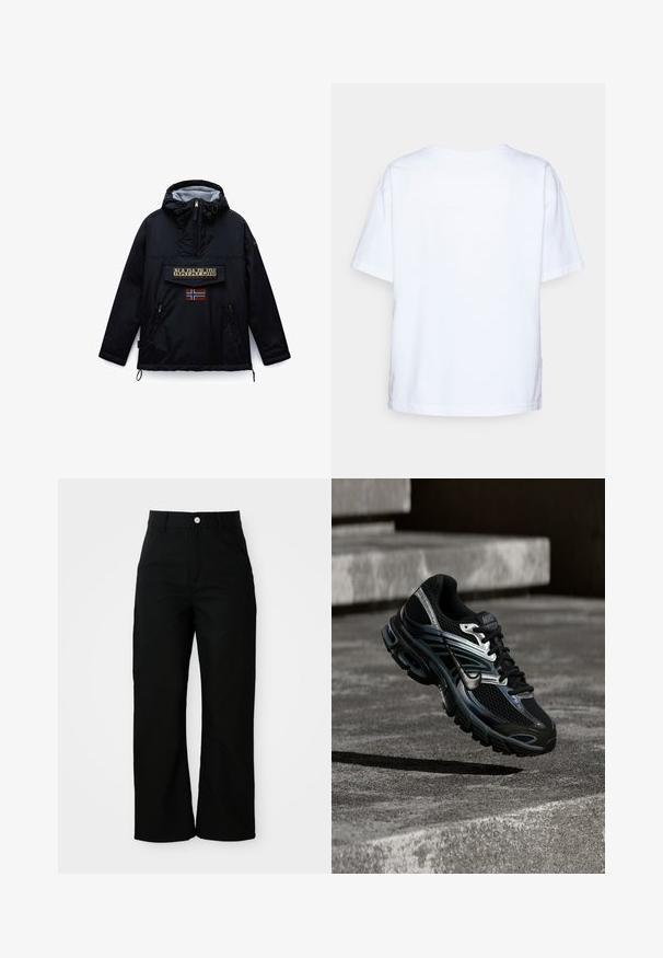 Sort hættejakke fra Napapijri med lynlås foran, en stor lommeklap med mærket navn og et norsk flag mærke nedenunder.; Enkelt hvid kortærmet bomulds t-shirt vist bagfra mod en lys grå baggrund.; Sorte højtaljede bukser med lige ben, forlommer, bæltestropper og sølvfarvet knaplukning på hvid baggrund.; Sort og sølv Nike løbesko svævende over betontrappe, viser detaljeret design og tekstureret sål i udendørs omgivelser.