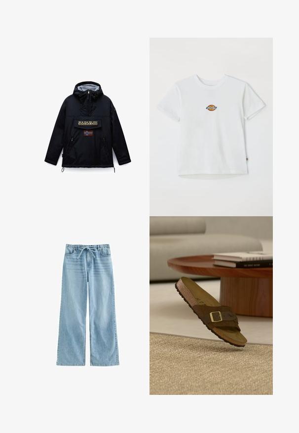 Veste noire à capuche Napapijri avec fermeture éclair frontale, une grande poche à rabat affichant le nom de la marque, et un patch drapeau norvégien en dessous.; T-shirt en coton blanc avec un logo rond aux accents multicolores. Manches courtes et col rond, avec une petite étiquette au bord.; Pantalon en denim bleu clair à jambes larges avec poches avant, passants pour ceinture et cordon noué à la taille.; Sandale à glissière en daim marron avec bride réglable et boucle dorée, posée sur un tapis beige avec en arrière-plan une table basse en bois.