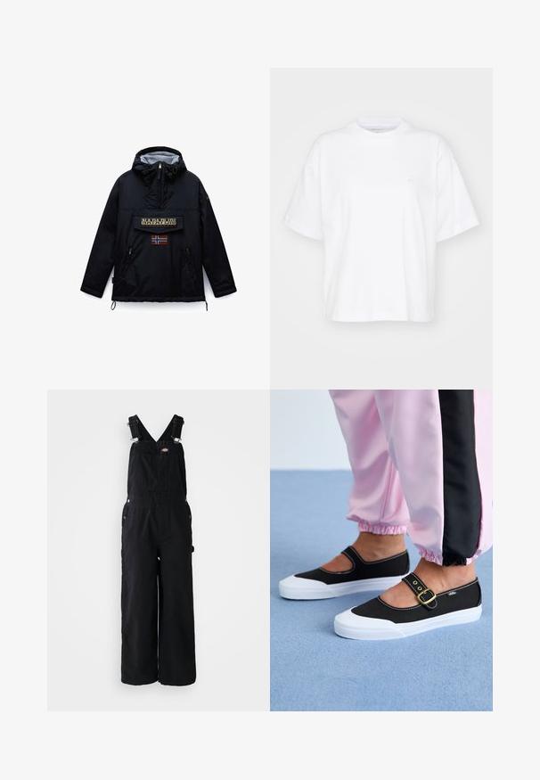 Sort hættejakke fra Napapijri med lynlås foran, en stor lommeklap med mærket navn og et norsk flag mærke nedenunder.; Hvid bomulds t-shirt med rund hals, korte ærmer og en afslappet pasform. Har et diskret logo på venstre brystområde. Glat tekstur.; Sorte denim overalls med brede ben, justerbare skulderstropper, lomme foran og sølv hardware detaljer. Glat tekstur, minimalistisk design.; Sorte lærredssko med en hvid sål, der har et udskæringsdesign og et guldspænde. Bæret med lyserøde træningsbukser.