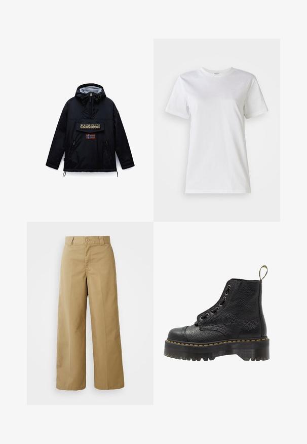Sort hættejakke fra Napapijri med lynlås foran, en stor lommeklap med mærket navn og et norsk flag mærke nedenunder.; Hvid bomulds t-shirt med rund hals og korte ærmer. Stoffet er glat med en blød tekstur og uden synlige mønstre eller detaljer.; Beige bredde bukser lavet af en blanding af bomuldsstof, med knaplukning, bæltestropper og forlommer.; Sorte læder ankelstøvler med tekstureret overflade, rund tå, snørebåndsdesign, gule stikninger og en tyk, rillet sort platformsål.