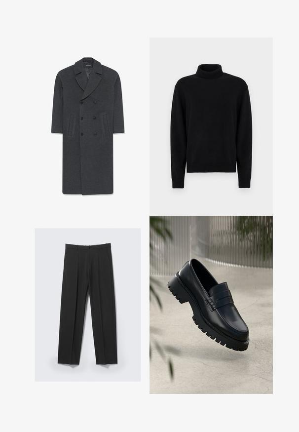 Grå uld dobbeltbrystet frakke med en skrå krave, to frontlommer og knaplukning. Glat tekstur og skræddersyet design.; Sort rullekravesweater lavet af strikstof. Har lange ærmer samt ribstrikkede manchetter og kant. Enkel, sømløs design uden mønstre.; Sorte skræddersyede bukser med forreste plisseringer, sidelommer, bæltestropper og knaplukning ved linningen på en lys baggrund.; Sorte læder loafers med en chunky sål, der har en dekorativ rem og syninger. Glat tekstur med en poleret overflade.