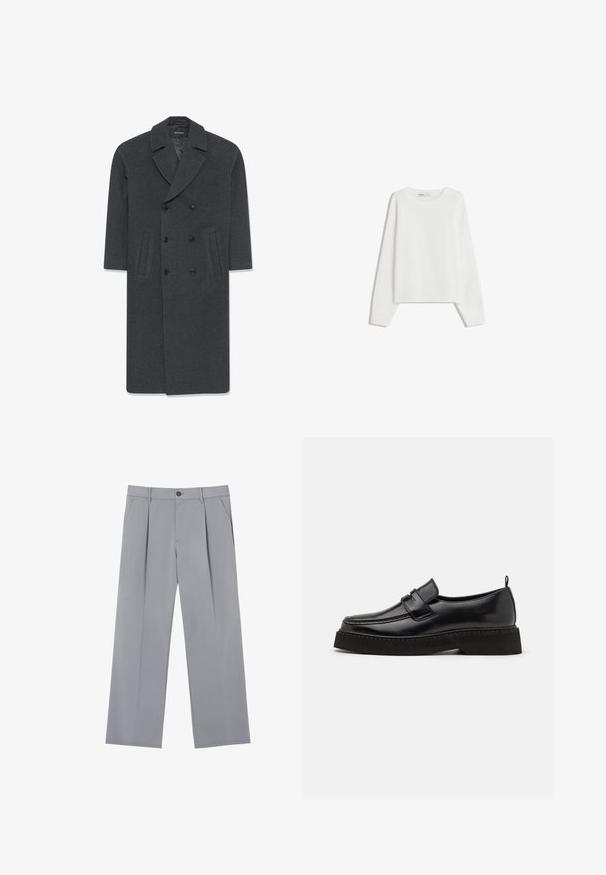 Grå uld dobbeltbrystet frakke med en skrå krave, to frontlommer og knaplukning. Glat tekstur og skræddersyet design.; Hvid strikket sweater med lange ærmer, rund halsudskæring, ribbede manchetter og kant. Blød tekstur, løs pasform, ingen synlige mønstre eller accenter.; Grå plisserede bukser med en afslappet pasform, lavet af et letvægtsstof. Har forlommer og en knaplukning i taljen.; Sorte læder loafersko i stil med flad, tekstureret sål, med en syet tå og en rem over vristen.