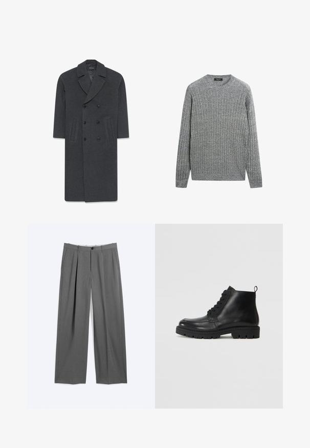 Grå uld dobbeltbrystet frakke med en skrå krave, to frontlommer og knaplukning. Glat tekstur og skræddersyet design.; Grå strikket langærmet sweater med ribmønster og rund halsudskæring, mærket Massimo Dutti.; Grå formelle bukser med lige ben, for-tilslag, sidelommer, bæltestropper og forlukning foran med knap og lynlås.; Sorte læder ankelstøvler med rund tå, snørebånd fortil og tekstureret gummisål. Inkluderer en løkke ved hælen for nem påføring.