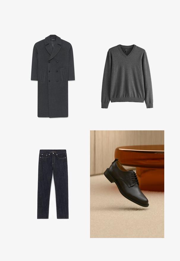 Grå uld dobbeltbrystet frakke med en skrå krave, to frontlommer og knaplukning. Glat tekstur og skræddersyet design.; Mørkegrå v-hals sweater med lange ærmer, ribstrikkede ærmeafslutninger og kant, i mellemstørrelse, ensfarvet strikket stof.; Mørke denim jeans med lige pasform, fem lommer, kobberhardware og kontrasterende syninger. Ingen synlig slid eller dekorationer.; Sort læder snørestøvle til mænd, der svæver over en beige tæppe, med et brunt rundt sofabord i baggrunden.