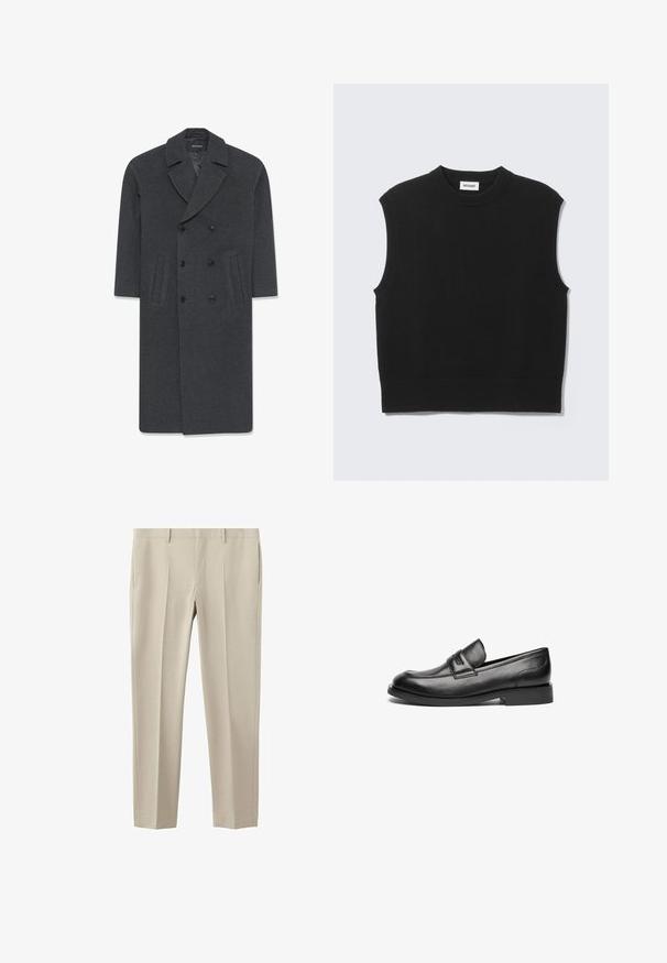 Grå uld dobbeltbrystet frakke med en skrå krave, to frontlommer og knaplukning. Glat tekstur og skræddersyet design.; Sort ærmeløs sweater lavet af blødt strikket stof. Ribstrikket rund halsudskæring og kant. Enkel design uden yderligere mønstre eller detaljer.; Beige skræddersyede bukser med bæltestropper, sidelommer og frontplisseringer, designet til en slank pasform.; Sorte læder loafers har en rund tå, en stikning hen over toppen og en lav, flad gummisål. Glat tekstur uden synlige mønstre.