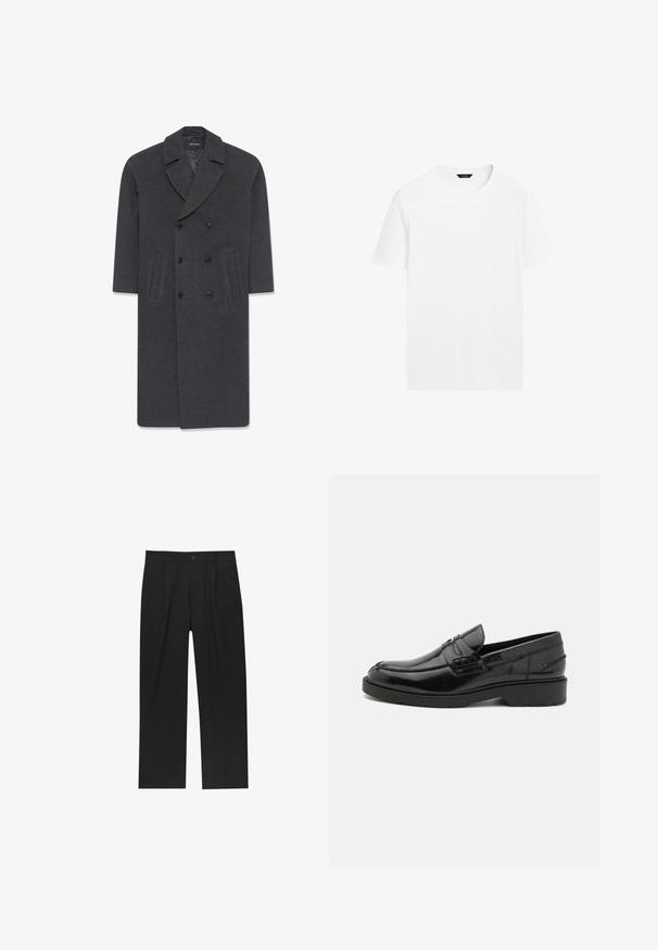 Grå uld dobbeltbrystet frakke med en skrå krave, to frontlommer og knaplukning. Glat tekstur og skræddersyet design.; Hvid bomulds t-shirt med rund hals, korte ærmer og lige skæring. Har en glat, let tekstur og ingen synlige mønstre.; Sorte bukser med lige ben, lavet af et glat stof. Har frontfolder og en enkelt knaplukning i taljen.; Sorte læder loafers med en glat finish, rund tå, lav hæl og dekorativ syning langs forsiden. Gummisål for godt greb.