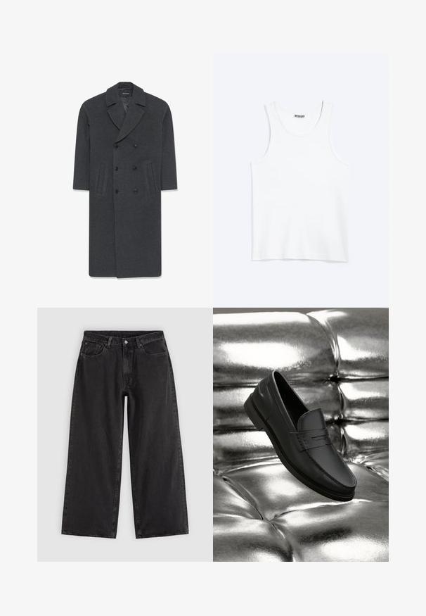 Abrigo gris de lana de doble botonadura con solapa, dos bolsillos frontales y cierre de botones. Textura suave y diseño ajustado.; Camiseta sin mangas blanca con cuello redondo y etiqueta de la marca Weekday en el interior del cuello trasero, mostrada plana sobre un fondo claro.; Vaqueros negros de pierna ancha con bolsillos delanteros, trabillas para cinturón y cierre de botones, mostrados sobre un fondo liso y claro.; Mocasines de cuero negro con una textura suave, que presentan detalles de costura y un diseño clásico, mostrados sobre un fondo metálico y brillante.
