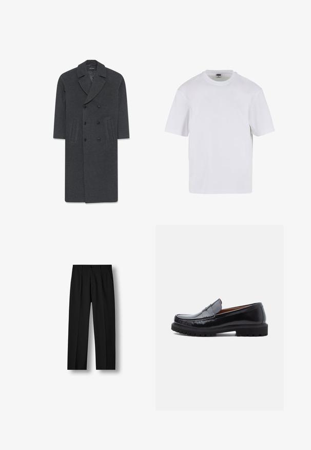 Grå uld dobbeltbrystet frakke med en skrå krave, to frontlommer og knaplukning. Glat tekstur og skræddersyet design.; Hvid kortærmet t-shirt lavet af bomuld. Har en rund halsudskæring og en afslappet pasform. Glat tekstur, minimalistisk design, ingen mønstre eller accenter.; Sorte bukser med lige ben, forreste plisseringer, knaplukning i taljen og sidelommer på hvid baggrund.; Sorte læder penny loafer med chunky gummisål og moc toe syninger, vist i profil på en hvid baggrund.