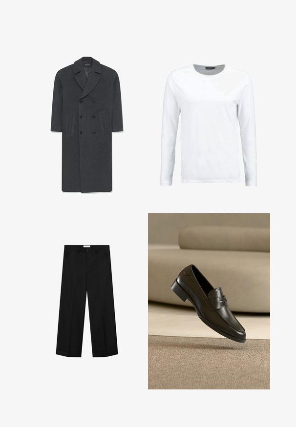 Grå uld dobbeltbrystet frakke med en skrå krave, to frontlommer og knaplukning. Glat tekstur og skræddersyet design.; Hvid langærmet t-shirt lavet af bomuld, med rund hals og en glat tekstur. Ingen mønstre eller detaljer. Enkel design.; Sorte bukser med vide ben lavet af et glat materiale, med forlommer, knaplåsning og en presset rille ned langs hvert ben.; Sort lædersko med slip-on design, svævende over beige tæppe med beige sofa i baggrunden, der fremhæver klassisk herrestil.