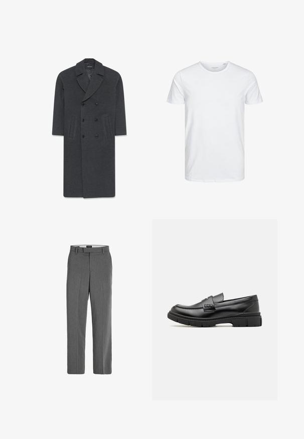 Grå uld dobbeltbrystet frakke med en skrå krave, to frontlommer og knaplukning. Glat tekstur og skræddersyet design.; Rundhals kortærmet t-shirt i ensfarvet hvid, lavet af blød bomuld, har et simpelt design uden synlige mønstre eller detaljer.; Grå bukser med en glat tekstur, lige ben-design og subtilt lodret mønster. Har remsløjfer samt for- og baglommer.; Sort læder loafersko med en bred rem over forfoden, gummisål med tykke mønstre og glat overflade. Klassisk, slankt design.