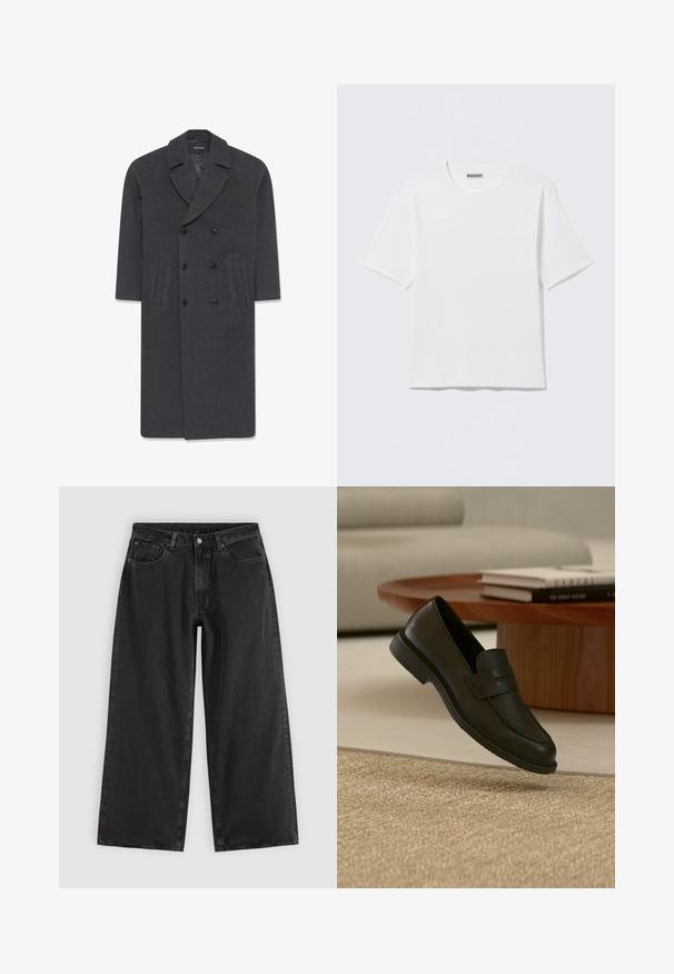 Grijze wollen dubbele-breasted jas met een omgeslagen kraag, twee voorzakken en knoopsluiting. Glad oppervlak en op maat gemaakte ontwerp.; Effen witte T-shirt met korte mouwen en ronde hals, met een klein "WEEKDAY" label aan de binnenkant van de achterkraag, weergegeven op een vlakke ondergrond.; Zwarte wijde spijkerbroek met voorzakken, riemlussen en knoopsluiting, getoond op een effen lichte achtergrond.; Zwarte leren loafer schoen getoond in de lucht boven een beige geweven tapijt, met een houten tafel en gestapelde boeken in een zacht verlichte woonkamer.