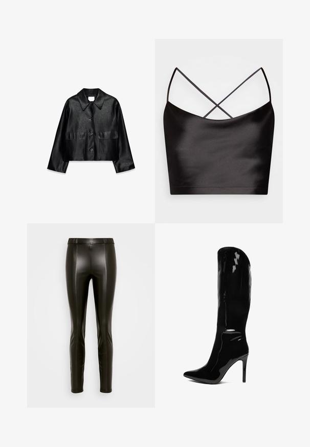 Chaqueta negra recortada de cuero sintético con mangas largas, cuello puntiagudo, cierre de botones y dos bolsillos delanteros con solapa.; Even&Odd Top - black; Leggings de cuero sintético negros con una cintura elástica alta, ajuste ceñido y sutiles detalles de costura que recorren la parte delantera y trasera.; Bota de tacón stiletto de charol negro hasta la rodilla con puntera afilada. La textura suave y el diseño alto crean una silueta elegante y ajustada.