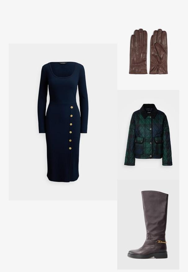 Gepolsterte Jacke in dunklen Grüntönen, mit Kragen, Knopfleiste und zwei Fronttaschen mit Druckknöpfen.; Marineblaues, langärmliges Kleid mit Rippstrick, quadratischem Ausschnitt und seitlichen Knöpfen. Es hat eine figurbetonte Silhouette und einen knielangen Saum.; Knöchelhoher brauner Lederstiefel mit glatter Textur, versehen mit goldfarbenen Metallakzenten und einer dicken schwarzen Gummisohle.; Braune Lederhandschuhe mit glatter Textur. Merkmale sind fünf Finger, dezente Nähte auf der Rückseite und geraffte Handgelenkdetails.