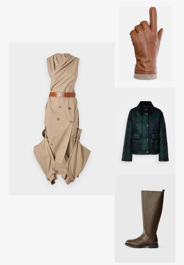 Gepolsterte Jacke in dunklen Grüntönen, mit Kragen, Knopfleiste und zwei Fronttaschen mit Druckknöpfen.; Beiges Wickelkleid mit gerafftem Ausschnitt, Gürtel mit silberner Schnalle, Doppelreihe Knopfdetails und lockeren Ärmeln.; Braune, kniehohe Stiefel aus Leder mit glatter Textur, runder Zehenform, niedrigem schwarzen Absatz und einer Ziehlasche am oberen Ende für ein einfaches Anziehen.; Brauner Lederhandschuh mit passgenauer Form, fünf Fingern und sichtbaren Nähten. Der Bund weist eine beige Strickstruktur auf, die zusätzliche Wärme bietet.