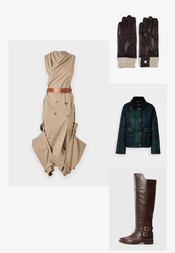Gepolsterte Jacke in dunklen Grüntönen, mit Kragen, Knopfleiste und zwei Fronttaschen mit Druckknöpfen.; Beiges Wickelkleid mit gerafftem Ausschnitt, Gürtel mit silberner Schnalle, Doppelreihe Knopfdetails und lockeren Ärmeln.; Braune Leder-Knöchelstiefel in kniehoher Höhe mit runder Zehenform, ausgestattet mit zwei goldfarbenen Schnallen am Knöchel und einer glatten, polierten Oberfläche.; Braune Lederhandschuhe mit fünf Fingern, ausgestattet mit einem gestrickten beigen Bündchen und einem metallischen Knopfdetail am Handgelenk. Insgesamt glatte Textur.