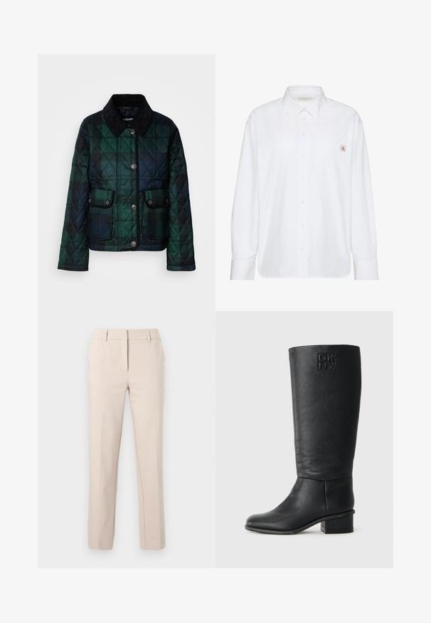 Gepolsterte Jacke in dunklen Grüntönen, mit Kragen, Knopfleiste und zwei Fronttaschen mit Druckknöpfen.; Weißes langärmeliges Hemd mit Knopfleiste, spitzem Kragen und kleinem Calvin Klein-Logo auf der linken Brusttasche.; Beige taillierte Hose mit geradem Bein, Gürtelschlaufen, Frontreißverschluss und Knopfverschluss vor schlichtem hellem Hintergrund.; Schwarze knielange Lederstiefel mit strukturiertem Finish, runder Spitze und niedrigem Blockabsatz. Mit eingeprägtem DKNY-Logo an der äußeren Schaftseite.