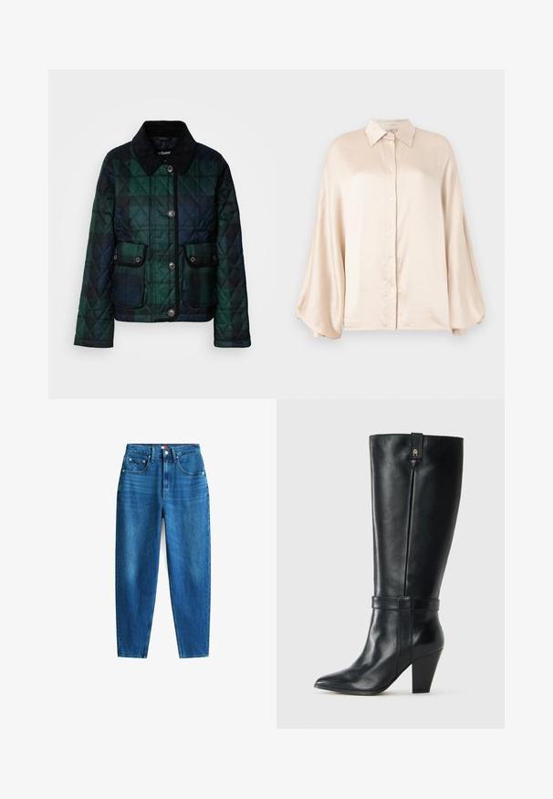 Gepolsterte Jacke in dunklen Grüntönen, mit Kragen, Knopfleiste und zwei Fronttaschen mit Druckknöpfen.; TWINSET WOVEN SHIRT - Hemdbluse - parchment; Blaue Denim-Jeans mit geradem Bein, fünf Taschen, einem Knopf- und Reißverschluss sowie einer leichten Ausbleichung für eine Texturvariation.; Schwarze Lederstiefelette bis zur Wade mit spitzer Zehe, Blockabsatz, dekorativem Riemen um den Knöchel und kleinem Metalllogo nahe der oberen Kante.