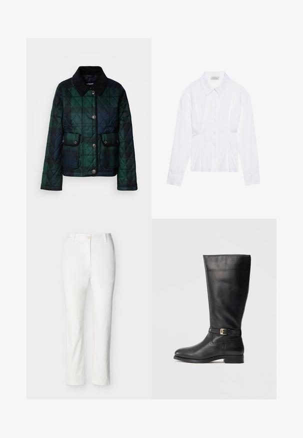 Gepolsterte Jacke in dunklen Grüntönen, mit Kragen, Knopfleiste und zwei Fronttaschen mit Druckknöpfen.; Weiße Bluse mit langen Ärmeln, klassischem Kragen, vorderer Knopfleiste und gerafftem Seitendetail. Glattes Material mit taillierter Form.; Weiße gerade geschnittene Hosen mit Gürtelschlaufen, Knopfverschluss und Reißverschluss, vor hellem, einfarbigem Hintergrund dargestellt.; Schwarze Lederkniehohe Stiefel mit glatter Textur, kleinen goldenen Schnallendetails, abgerundetem Zehenbereich und niedrigem Blockabsatz. Einfaches, elegantes Design.