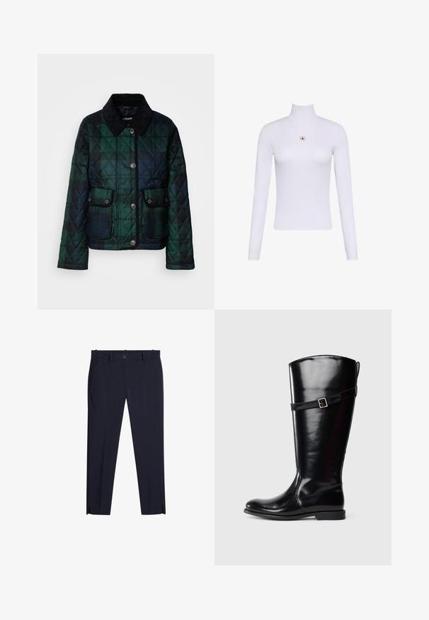 Gepolsterte Jacke in dunklen Grüntönen, mit Kragen, Knopfleiste und zwei Fronttaschen mit Druckknöpfen.; Weißes Langarm-Turtleneck-Top mit einem kleinen Calvin Klein Logo-Patch zentral auf der Brust.; Herren dunkelmarineblaue Slim-Fit-Hosen mit Gürtelschlaufen, Fronttaschen, Reißverschluss und kleinen Schlitzchen an der Vorderseite des Hosenbeins am Saum.; Hohe schwarze Lederstiefel mit niedrigem Absatz und dekorativem Riemen mit silberner Schnalle um die obere Wade.
