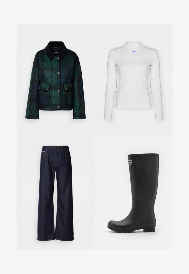 Gepolsterte Jacke in dunklen Grüntönen, mit Kragen, Knopfleiste und zwei Fronttaschen mit Druckknöpfen.; Weißes langärmliges Rollkragenshirt aus dehnbarem Material mit taillierter Passform und kleinem blauen Logo auf der Brust.; Weite dunkelblaue Jeans mit hoher Taille, vorderen Taschen und subtilen Nähdetails. Glatte Textur mit klassischem Schnitt.; Schwarzer Gummiregenstiefel, hohes Design mit mattem Finish. Verfügt über eine dicke Sohle mit Rillen und einem Logo-Akzent an der Seite.