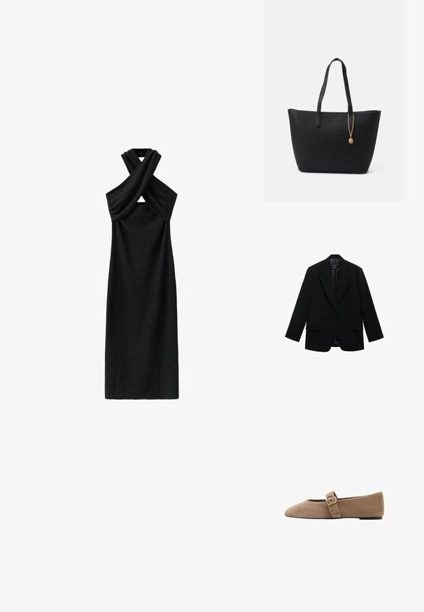 Sort blazer med enkelt knaplukning, hakkede reverser, to forlommer og en glat inderforing. Skræddersyet design med lange ærmer.; Sort ærmeløs midikjole med tekstureret stof og en snoet halterneck, der skaber en lille udskæring foran.; Tanfarvet ruskind flad sko med spids tå og en spænde detalje på siden. Minimalistisk design med en lav sort sål.; Sort tote taske med et tekstureret mønster, to lange håndtag og en guldkæde detalje med en vedhæng knyttet til. Lavet af holdbart materiale.