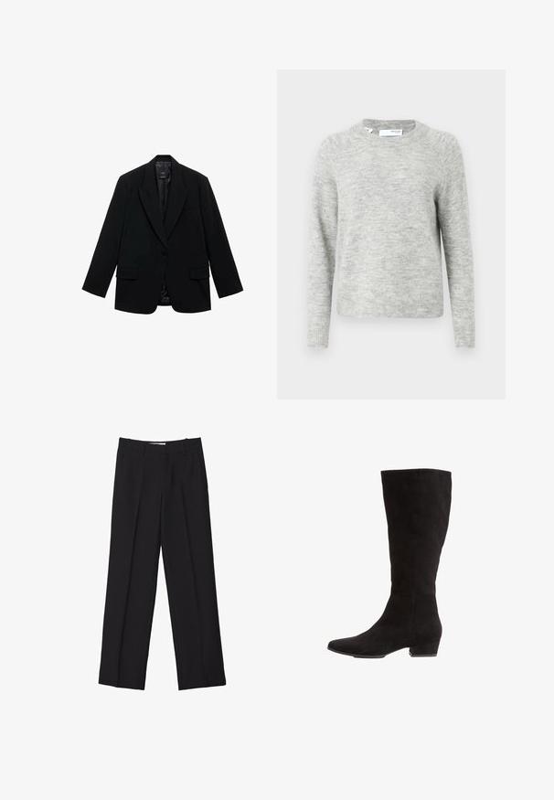 Schwarzer Blazer mit einem einzelnen Knopfverschluss, Revers mit Kerben, zwei Vorderaschen und einem glatten Innenfutter. Maßgeschneidertes Design mit langen Ärmeln.; Hellgrauer Langarm-Strickpullover mit Rundhalsausschnitt, gerippten Bündchen und Saum, Marke Selected Femme, Größe M.; Schwarze maßgeschneiderte Hosen mit geradem Bein, doppelten Falten, glatter Textur und dezenten Vordernahtdetails.; Schwarzer Wildleder-Stiefel bis zur Mitte der Wade mit niedrigem Blockabsatz und spitz zulaufender Schuhspitze, Seitenansicht vor weißem Hintergrund.