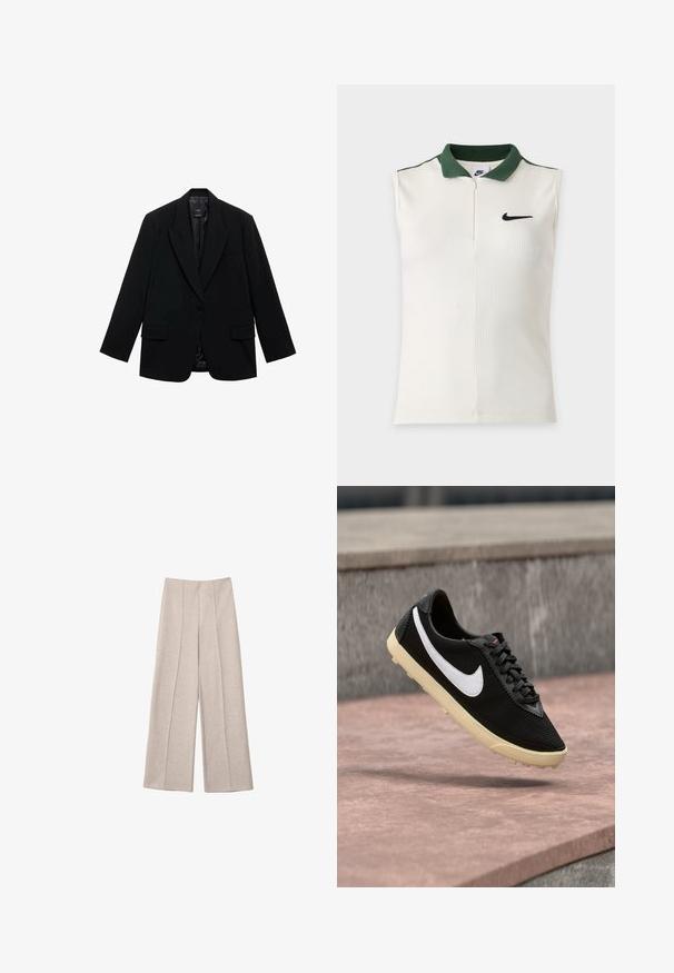 Blazer noir doté d'une fermeture à un bouton, de revers crantés, de deux poches avant et d'une doublure intérieure lisse. Conception ajustée avec manches longues.; Haut sans manches blanc Nike avec texture côtelée, col vert foncé, demi-fermeture éclair et logo Nike noir sur la poitrine.; Pantalons larges beiges en tissu doux, avec des plis avant marqués et une taille haute cintrée, sans poches visibles.; Baskets de sport en maille noire avec un swoosh Nike blanc, fermeture à lacets, design léger et semelle en caoutchouc crème avec une texture antidérapante.