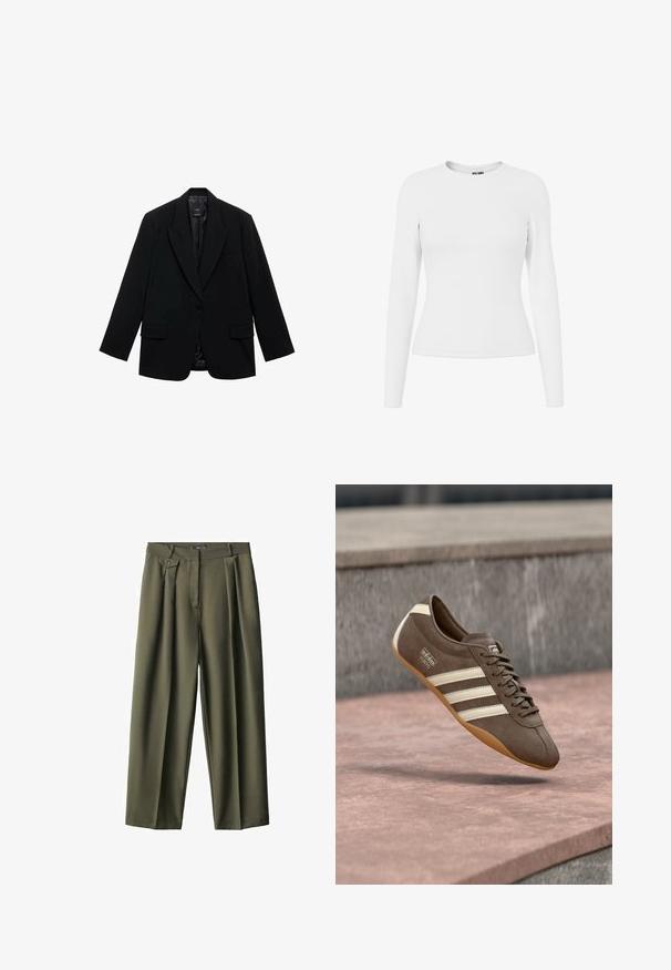 Blazer noir doté d'une fermeture à un bouton, de revers crantés, de deux poches avant et d'une doublure intérieure lisse. Conception ajustée avec manches longues.; T-shirt blanc ajusté à manches longues en tissu lisse, doté d'un col rond et de coutures minimales pour un design épuré.; Pantalons larges vert olive en tissu lisse, dotés de plis avant, d'une fermeture à un bouton et de deux poches latérales.; Baskets en daim marron avec des rayures blanches et un logo, dotées d'un bout rond et d'une semelle en caoutchouc gomme, suspendues au-dessus d'une surface texturée.