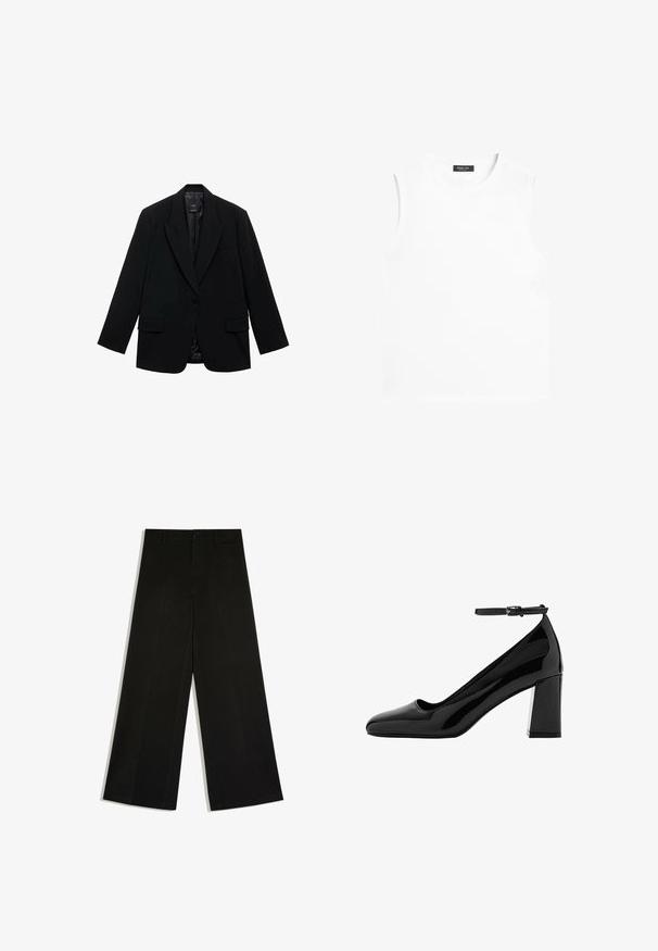 Blazer noir doté d'une fermeture à un bouton, de revers crantés, de deux poches avant et d'une doublure intérieure lisse. Conception ajustée avec manches longues.; T-shirt blanc sans manches à col rond avec une étiquette noire Massimo Dutti à l’intérieur du col sur fond blanc.; Pantalon noir à jambes larges avec passants de ceinture, fermeture devant par bouton et zip, posé à plat sur fond blanc.; Chaussure à talons hauts en cuir verni noir avec bout carré, bride à la cheville et large talon carré, présentant une finition brillante et une texture lisse.