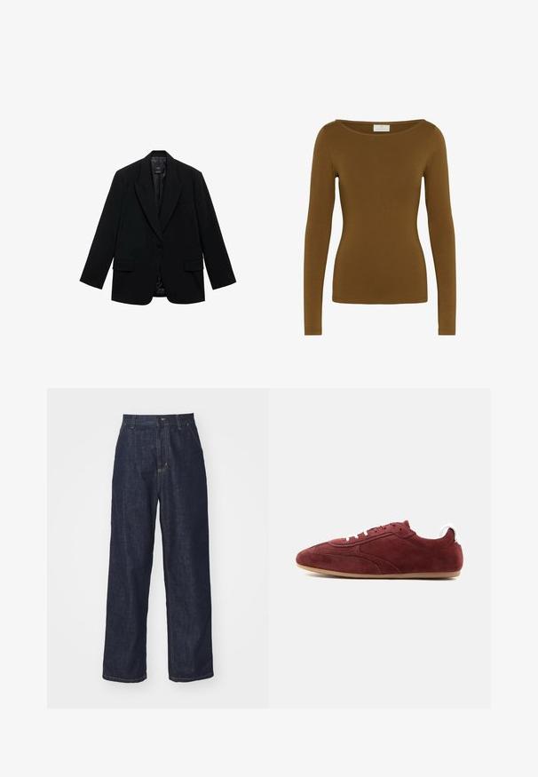 Sort blazer med enkelt knaplukning, hakkede reverser, to forlommer og en glat inderforing. Skræddersyet design med lange ærmer.; Brun langærmet top lavet af blødt stof, med bådudskæring og tætsiddende silhuet, uden synlige mønstre eller hardware.; Mørkeblå lige ben denim jeans med bæltestropper, frontknap og sidelommer på en hvid baggrund.; Lavprofil bordeaux ruskind sneaker med hvide snørebånd og hælstrop, beige gummisål, sidesyningsdetaljer, set fra ydersiden.