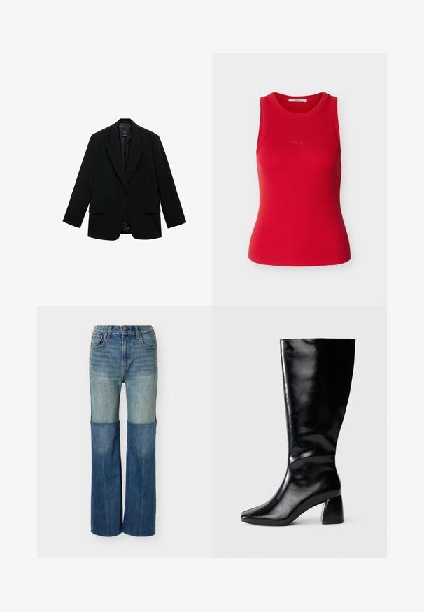 Blazer negro con cierre de un botón, solapas con muesca, dos bolsillos delanteros y un forro interior liso. Diseño entallado con mangas largas.; Camiseta sin mangas roja acanalada con escote redondo y sutil logo bordado en el pecho, mostrada sobre un fondo liso.; Vaqueros de mezclilla bicolor con la mitad superior más clara y la mitad inferior más oscura, diseño clásico de cinco bolsillos y corte recto en las piernas.; Bota de cuero negra hasta la rodilla con tacón cuadrado y puntera ligeramente puntiaguda, mostrada de lado sobre un fondo neutro.