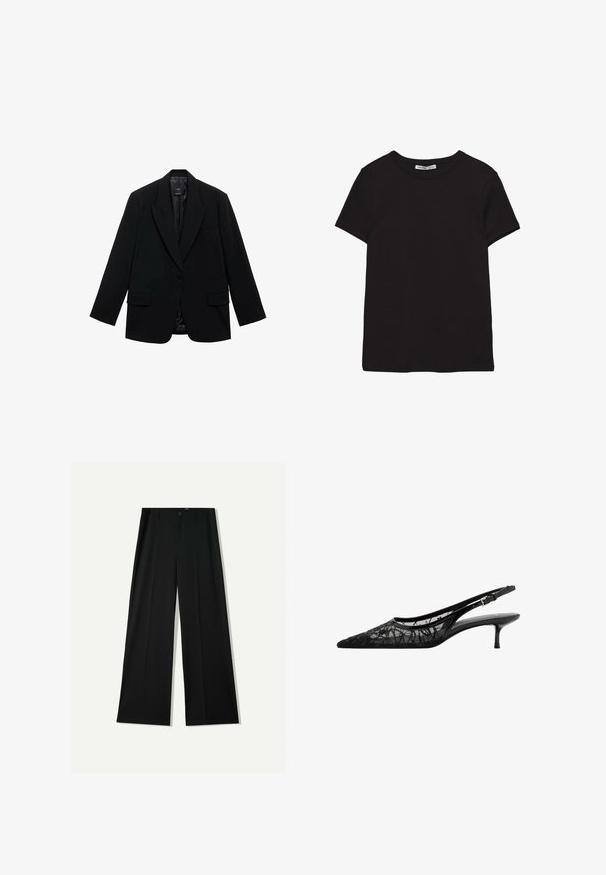 Zwarte blazer met een enkele knoopsluiting, revers met inkeping, twee steekzakken aan de voorkant en een gladde voering aan de binnenkant. Op maat gemaakte pasvorm met lange mouwen.; Zwart katoenen T-shirt met korte mouwen, ronde hals, standaard pasvorm en zichtbaar binnenlabel in de nek.; Bershka WIDE - Broek - black; Zwart slingback-schoen met spits toelopende neus, lage kittenhak en transparante mesh bovenkant versierd met abstracte zwarte stiksels.
