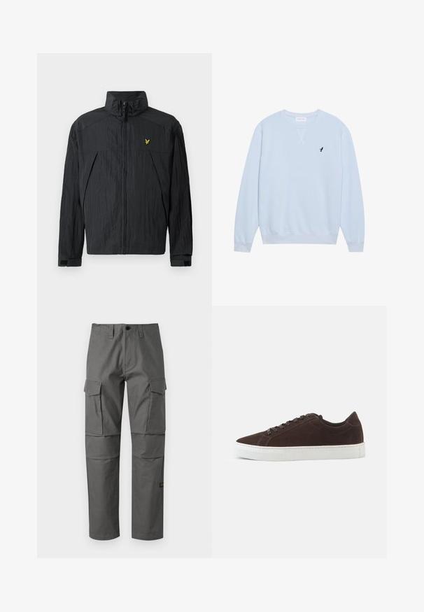 Sort let jakke med krøllet tekstur, høj krave, lynlås foran og en lille gul logodetalje på brystet.; Lys blå sweatshirt lavet af bomuld med rund halsudskæring, ribbede manchetter og et broderet sort fuglelogo på venstre bryst.; Grå cargo bukser lavet af slidstærkt stof, med lige ben design, flere sidelommer og synlige søm detaljer.; Mørkebrune ruskind lave sneakers med matchende snørebånd og tyk hvid gummisål, vist fra siden på en ensfarvet baggrund.