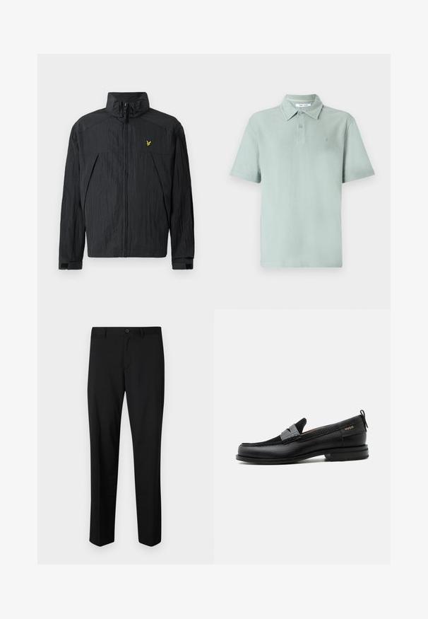 Sort let jakke med krøllet tekstur, høj krave, lynlås foran og en lille gul logodetalje på brystet.; Lys grøn polo t-shirt med et tekstureret stof, korte ærmer, krave, to-knaps lukning og et broderet logo på brystet.; Sorte skræddersyede bukser med flad front, standard talje og lige ben. Lavet af glat stof, med en enkelt knaplukning.; Sort læderloafer med grå remdetalje, lav hæl og tekstureret sål, mærket med "HUGO" i guld på siden.