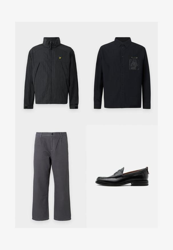 Sort let jakke med krøllet tekstur, høj krave, lynlås foran og en lille gul logodetalje på brystet.; Sort skjorte med knapper og lange ærmer, med en frontlomme og grafisk tryk. Inkluderer en sikkerhedsnål som detalje nær lommen.; Mørkegrå bomuldsbukser med lige ben, forsynet med frontknaplukning og dekorativ syning. Har sidelommer og casual pasform.; Sort læder herre loafer med moc-tå syning, penny strop, struktureret krave og lav stablet hæl på hvid baggrund.