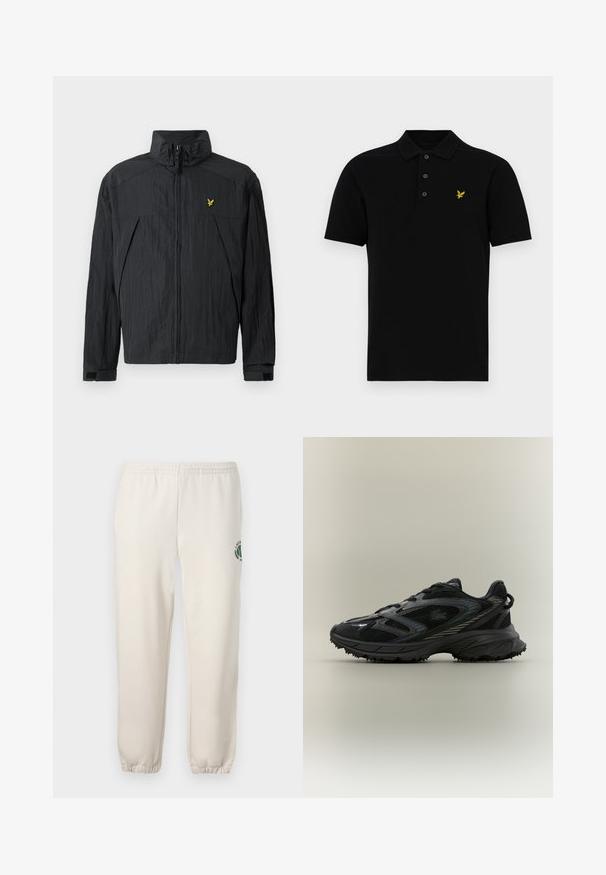 Sort let jakke med krøllet tekstur, høj krave, lynlås foran og en lille gul logodetalje på brystet.; Sort poloshirt i bomuldsblanding med tre-knap lukning, korte ærmer og et lille gult emblem på venstre bryst.; Lys beige sweatpants lavet af bomuld, med elastisk talje, ribbede mansjetter og et grønt logo med bladdesign på venstre ben.; Sort atletisk sko med meshpaneler, en tekstureret sål, snørebånd og en buet silhuet med sølvfarvede accenter på siderne.