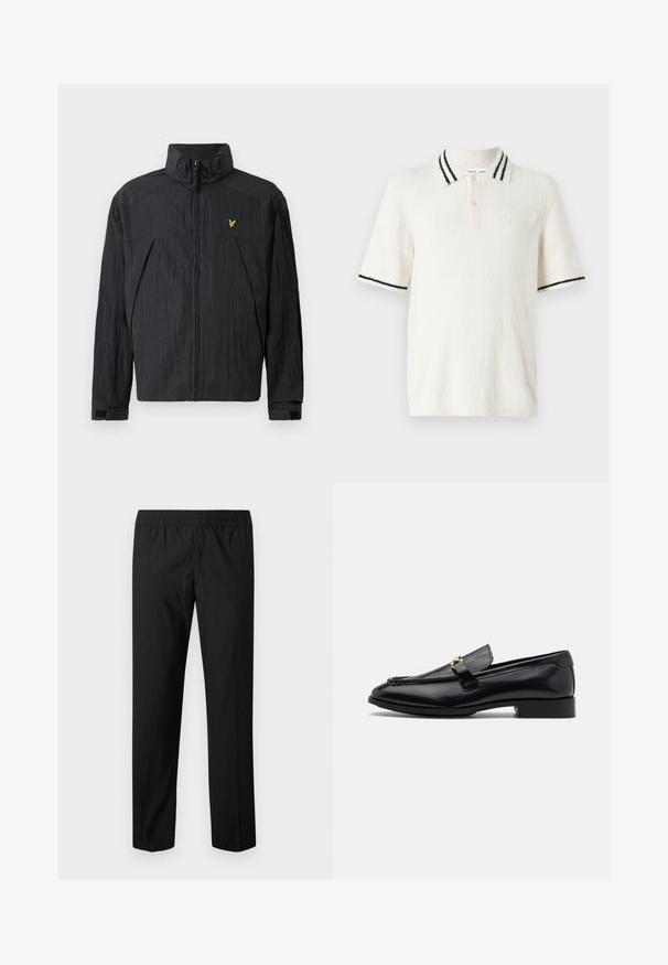 Sort let jakke med krøllet tekstur, høj krave, lynlås foran og en lille gul logodetalje på brystet.; Kortærmet polo shirt i off-white tekstureret stof, med en strikket krave med to sorte striber og en tre-knaps lukning.; Sorte bukser med lige ben og elastisk taljebånd, ingen synlige lommer eller pynt.; Sorte læder loafers med en afrundet tå, stikninger, en lille hæl og en guldhardware detalje på stroppen. Glat tekstur gennem hele skoen.